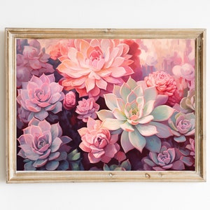 Pastel Succulent Flower Echeveria Bouquet Downloadable Print Girly Pink Purple Wall Art Party Oil Painting Retro Aesthetic image 1