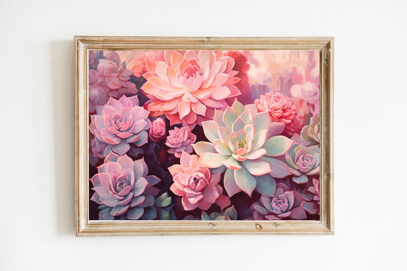 Pastel Succulent Flower Echeveria Bouquet Downloadable Print Girly Pink Purple Wall Art Party Oil Painting Retro Aesthetic image 1