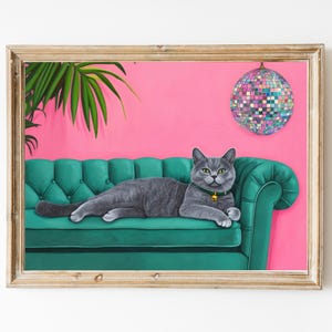 Russian Blue Cat Disco Ball Art Print | Cute Quirky Whimsical | Cocktail Art Bar Cart Decor | Grey Cat Gift | Trendy Home Wall Art Print