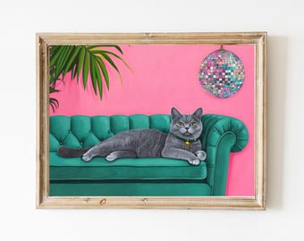 Gray Cat with Disco Ball Fine Art Print | Cute Quirky Whimsical | Cocktail Art Bar Cart Decor | Bar Cart Art | Trendy Home Wall Art Print