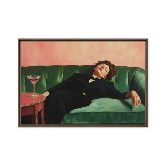Woman on Couch with Martini | Soft Tonal Oil Painting | Cocktail