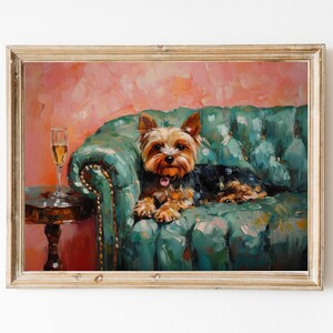 Yorkshire Terrier mit Champagner | Niedliches schrulliges wunderliches | Cocktail Bar Warenkorb Dekor | Fine Art Print Geschenk | Trendy Home Wandkunst | Yorki Kunst
