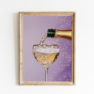 Lila Champagner Pop Gold Coup Gläser | Niedliches schrulliges wunderliches | Cocktail Art Bar Warenkorb Dekor | Elegantes Gemälde Geschenk | Trendige Küchenwand