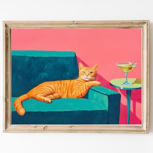 Mid-Century Ginger Katze mit Martini Kunstdruck | Niedliches schrulliges wunderliches | Cocktail Art Bar Warenkorb Kunstdruck Geschenk | Orange Katze Wall Art