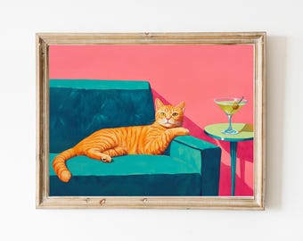 Ginger Cat with Dirty Martini Fine Art Print | Cute Quirky Whimsical | Cocktail Art Bar| Cart Art Print Gift | | Trendy Home Wall Art Gift