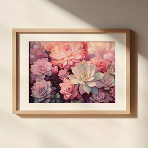 Pastel Succulent Flower Echeveria Bouquet Downloadable Print Girly Pink Purple Wall Art Party Oil Painting Retro Aesthetic image 2