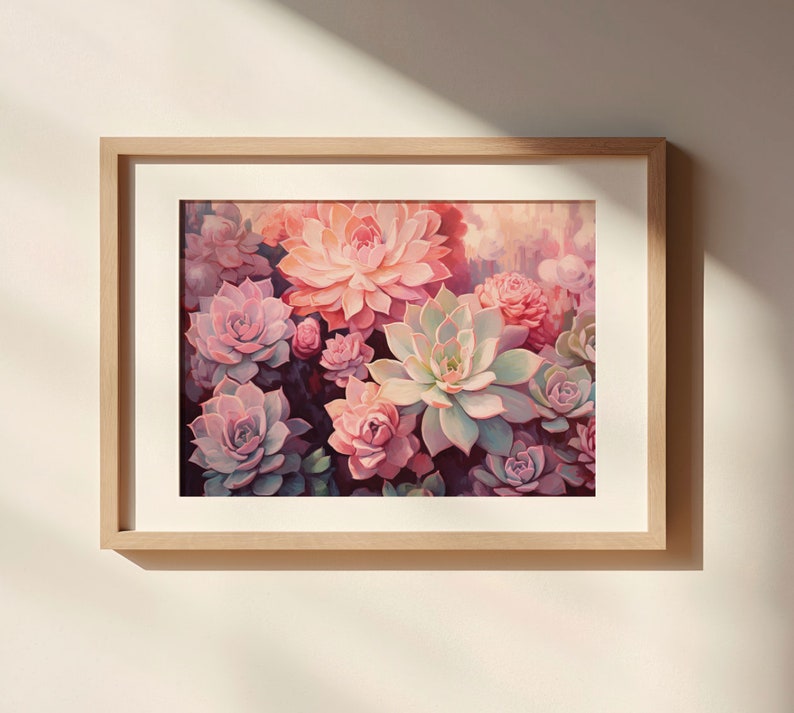 Pastel Succulent Flower Echeveria Bouquet Downloadable Print Girly Pink Purple Wall Art Party Oil Painting Retro Aesthetic image 2