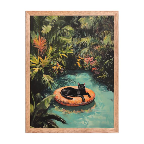 Black Cat in Tropical Swimming Pool Cute Quirky Whimsical