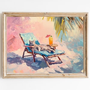 Tabby Katze Faulenzen am Pool mit Tiki Cocktail Kunstdruck | Niedliches schrulliges wunderliches | Cocktail Art Bar Warenkorb Dekor | Fine Art Print Geschenk