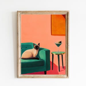 Gato siamés moderno de mediados de siglo con martini / Lindo, extravagante y caprichoso / Decoración de carrito de bar con arte de cócteles / Impresión de bellas artes con pintura al óleo como regalo
