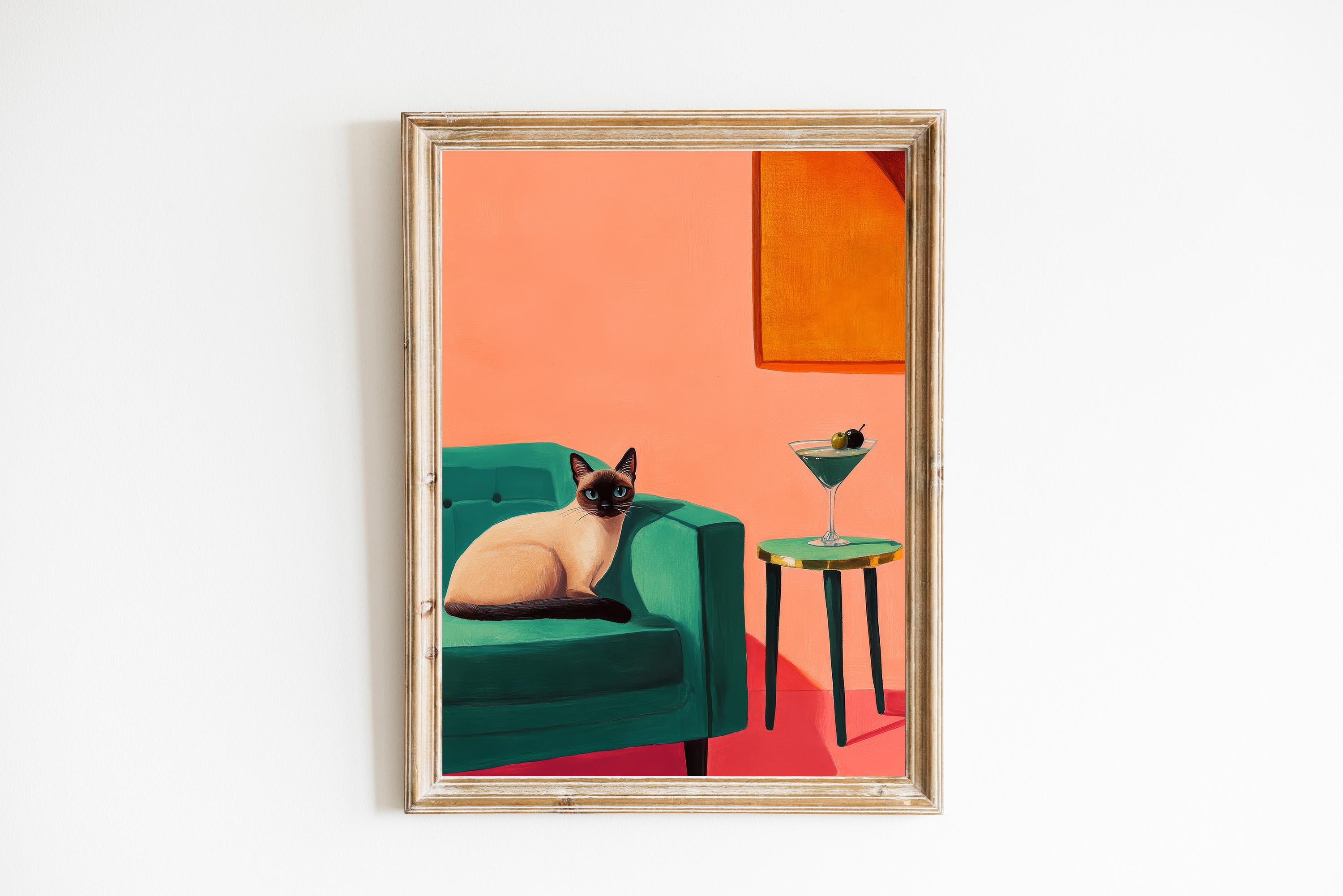 Mid-Century Modern Siamkatze mit Martini | Niedliches schrulliges wunderliches | Cocktail Art Bar Warenkorb Dekor | Ölgemälde Fine Art Print Geschenk