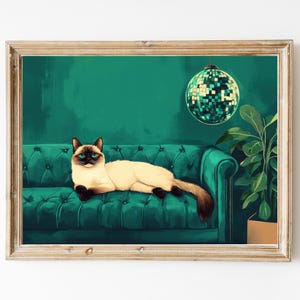 Sassy Siamese Discobal Art Print | Schattig eigenzinnig grillig | Cocktail Art Decor Barwagen | Girly muurkunstcadeau | Trendy muurkunstprint voor in huis