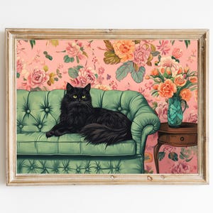 Black Cat on Green Sofa Maximalist Art Print | Cute Quirky Whimsical | Cocktail Art Bar Cart Decor | Fine Art Print Gift | Trendy Home Wall