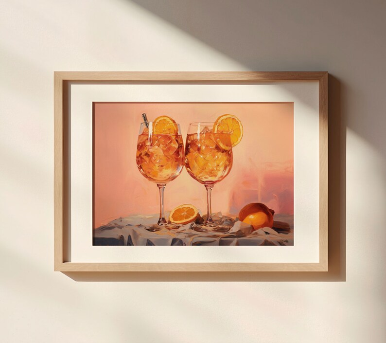 Vintage Inspired European Italian Aperol Spritz Downloadable Print Soft Tone Oil Painting Wall Art Cocktail Painting Retro Aesthetic image 2