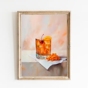 Old Fashioned with Cheese Crunch Snack Print | Cute Quirky Whimsical | Cocktail Art Bar Cart Decor | Trendy Home Wall Art | Wall Art Gift