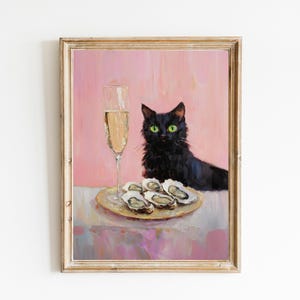 シャンパンと牡蠣を持つ黒猫のアートプリント | かわいくて風変わりな気まぐれ | カクテルアート バーカートの装飾 | ファインアートプリントギフト | おもしろい猫のアート