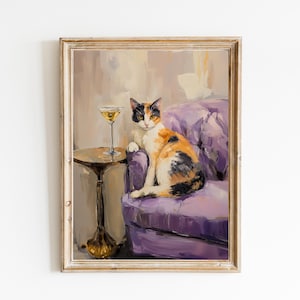 Glückskatze mit Martini Kunstdruck | Niedliches schrulliges wunderliches | Cocktail Art Bar Warenkorb Dekor | Fine Art Print Geschenk | Trendy Home Wand Kunst Druck