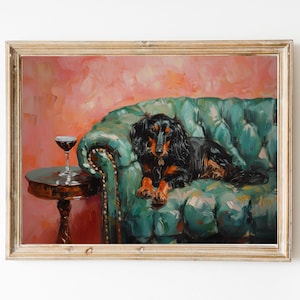 Schwarzer und hellbrauner Dackel mit Espresso Martini | Niedliches schrulliges wunderliches | Cocktail Bar Warenkorb Dekor | Fine Art Print Geschenk | Moderne Kunst