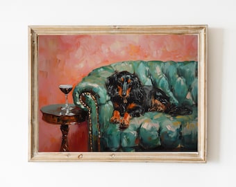 Black and Tan Dachshund with Espresso Martini | Cute Quirky Whimsical | Cocktail Bar Cart Decor | Fine Art Print Gift | Trendy Home Wall Art