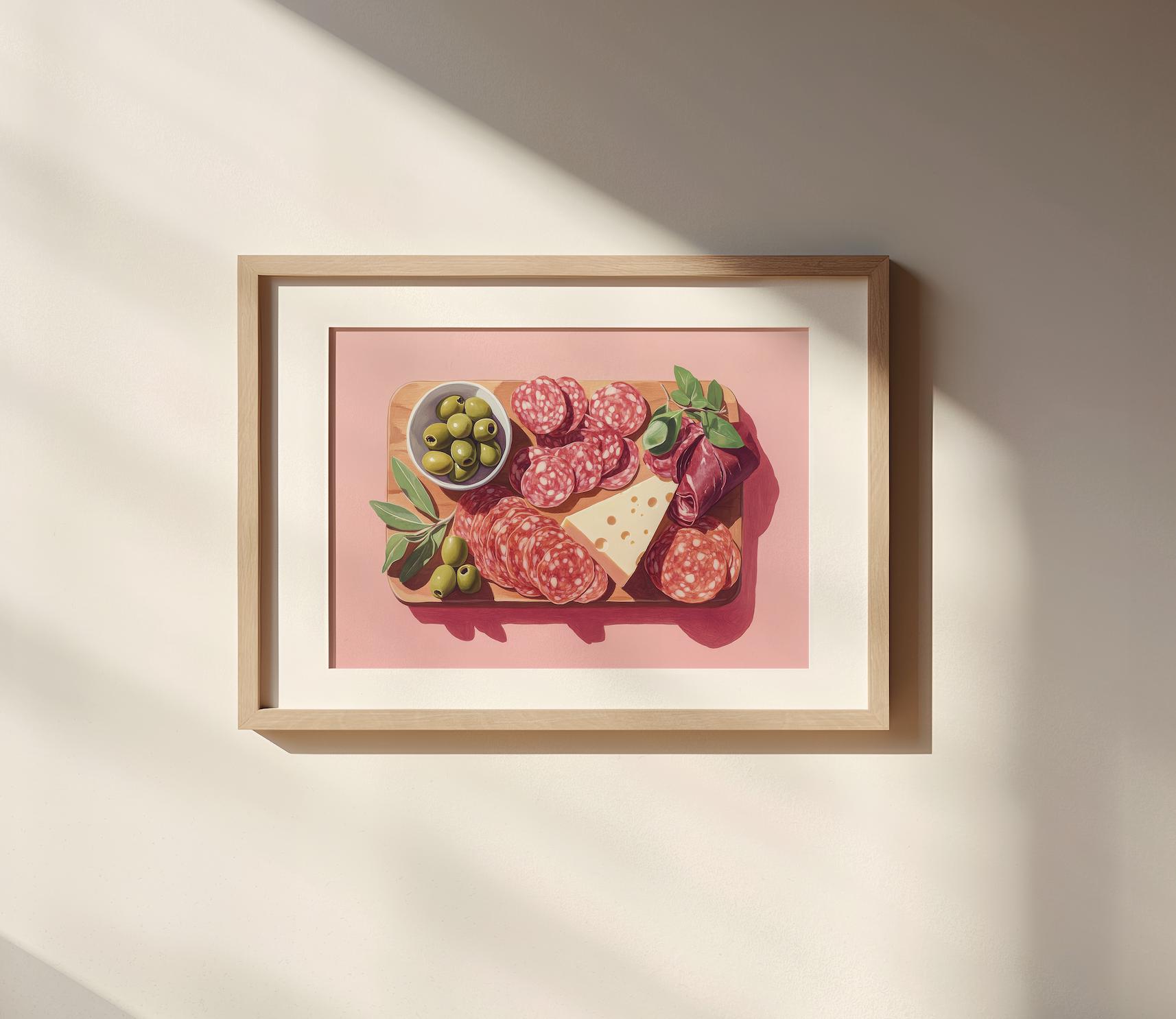 Charcuterie Board with Pink Background Art Print |  Cute Quirky Whimsical | Cocktail Art Bar Cart Decor | Fine Art Print Gift