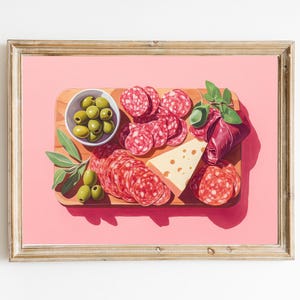 Charcuterie-Tafel mit rosa Hintergrund Kunstdruck |  Niedliches schrulliges wunderliches | Cocktail Art Bar Warenkorb Dekor | Fine Art Print Geschenk