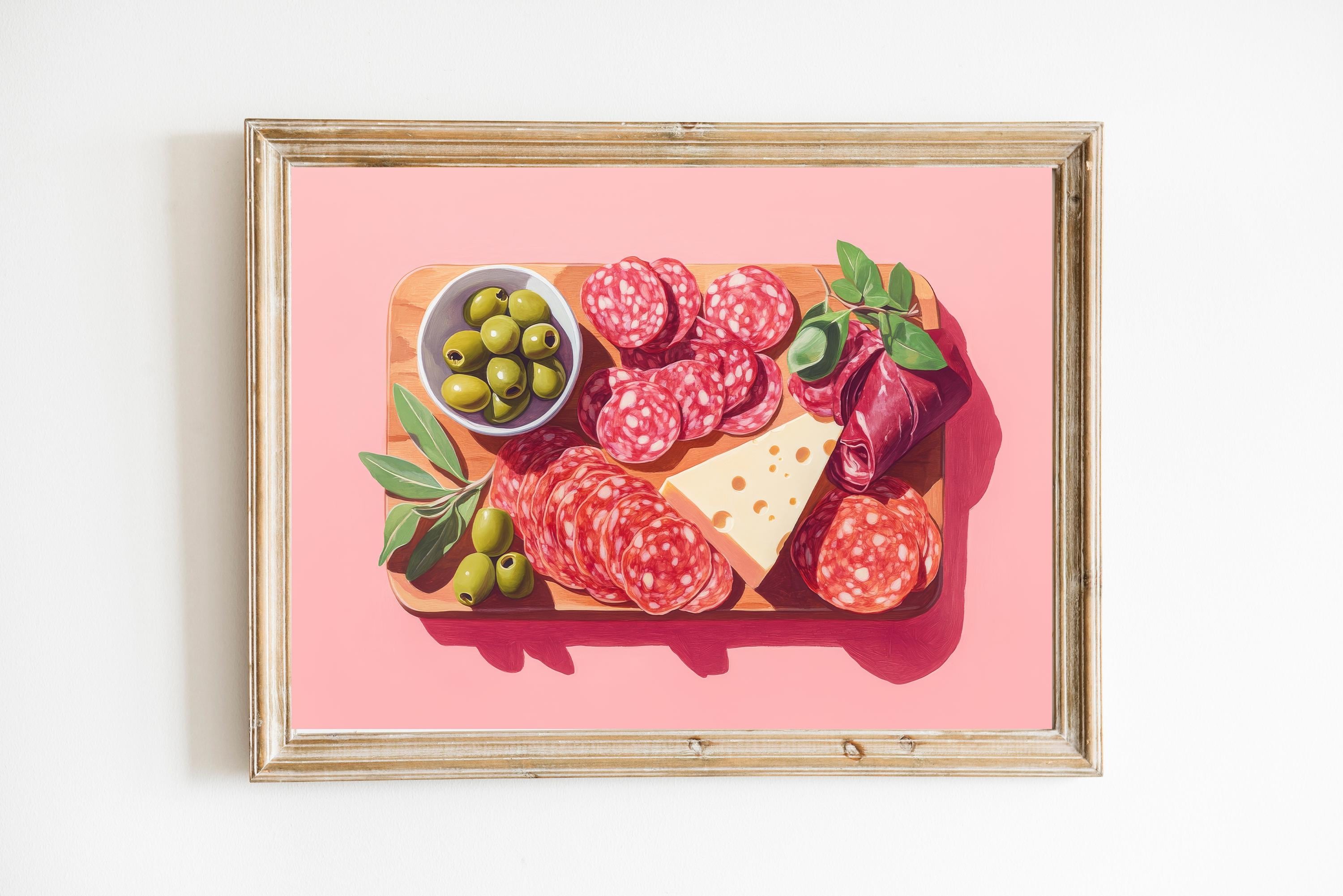 Charcuterie Board with Pink Background Art Print |  Cute Quirky Whimsical | Cocktail Art Bar Cart Decor | Fine Art Print Gift