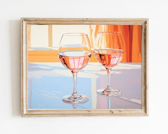 Vintage Inspired Rosé Pastel Wine Glasses Downloadable Print | Soft Tone Oil Painting Wall Art | Cocktail Painting Retro Aesthetic