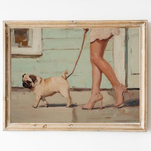 街を歩くパグのファインアートプリント | パグ犬のウォールアート | ガーリーなピンクのウォールアート | キュートで風変わりな | パグママへのギフト | トレンディなウォールアートギフト