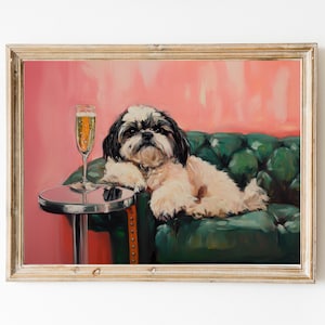 Shih Tzu z Szampanem Wydruk artystyczny | Uroczy, dziwaczny, kapryśny | Dekoracja baru w formie sztuki koktajlowej | Prezent w postaci wydruku artystycznego | Modna sztuka ścienna do domu