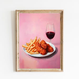 Hühnchentender und Cabernet Barwagen Kunst | Niedliches schrulliges wunderliches | Cocktail Art Bar Warenkorb Dekor | Hähnchen Finger Rotwein Kunstdruck Geschenk