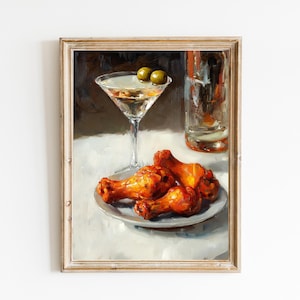 Martini mit Hot Wings Lustige Bar Warenkorb Art | Niedliches schrulliges wunderliches | Cocktail Art Bar Warenkorb Dekor | Fine Art Print Geschenk