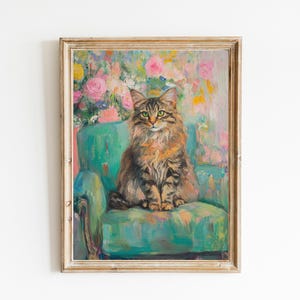Sibirische Katze mit Blumen Tapete Fine Art Print | Niedliches schrulliges wunderliches | Cocktail Art Bar Warenkorb Dekor | Modernes Wand Kunst Druck Geschenk