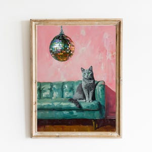 Russische Blaue Katze mit Discokugel Kunstdruck | Niedliches schrulliges wunderliches | Cocktail Art Bar Warenkorb Dekor | Fine Art Print Geschenk | Trendige Wand