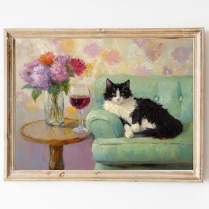 Tuxedo Katze mit Rotwein Kunstdruck | Niedliches schrulliges wunderliches | Cocktail Art Bar Warenkorb Dekor | Fine Art Print Geschenk | Trendy Home Wand Kunst Druck