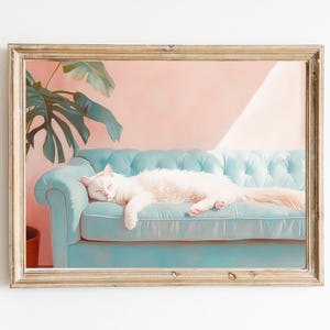 Weiße Katze mit Tropischer Palme Art Print | Niedliches schrulliges wunderliches | Cocktail Art Bar Warenkorb Dekor | Fine Art Print Geschenk | Trendige Küchenwand