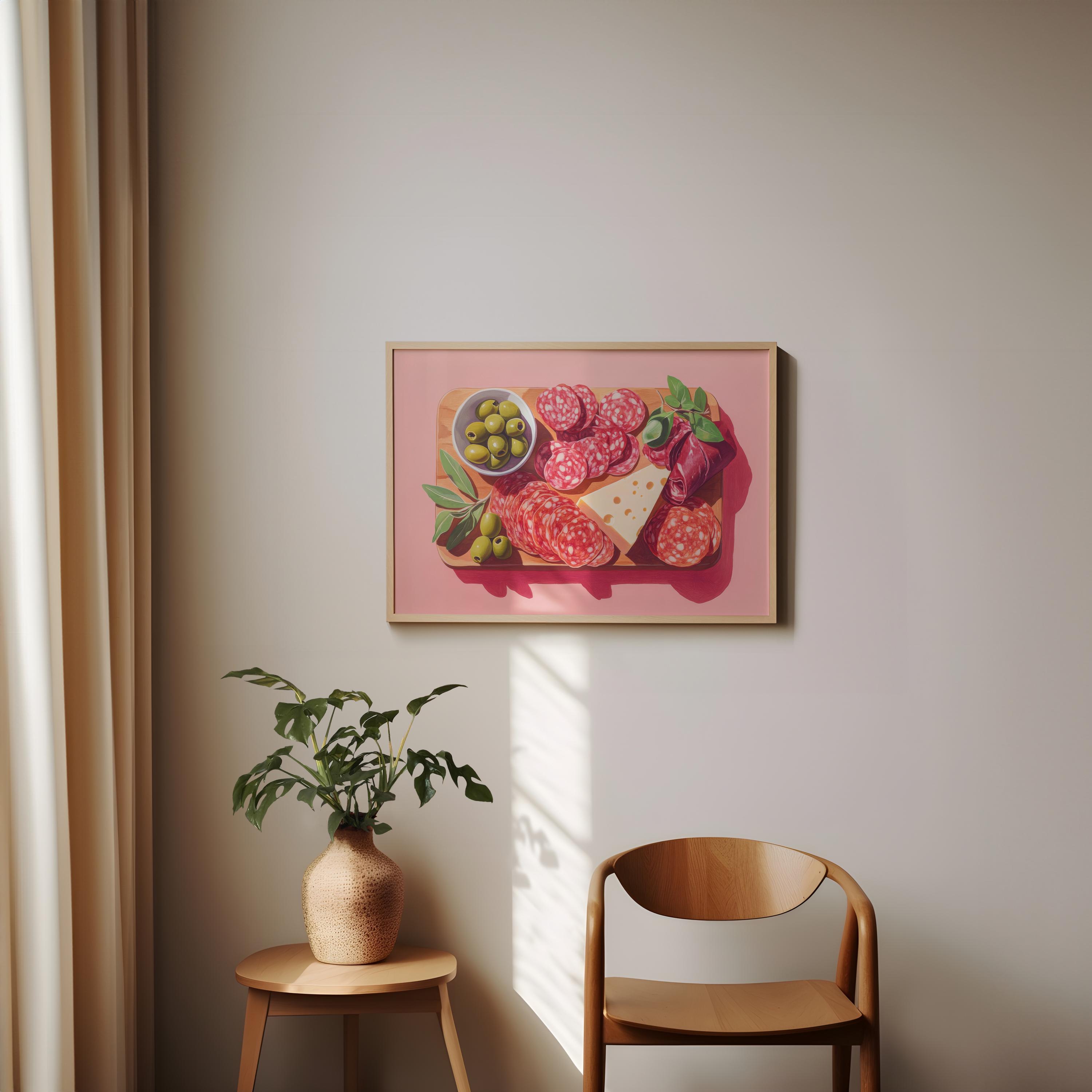 Charcuterie Board with Pink Background Art Print |  Cute Quirky Whimsical | Cocktail Art Bar Cart Decor | Fine Art Print Gift