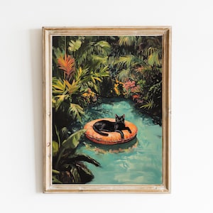 Schwarze Katze im tropischen Schwimmbad | Niedliches schrulliges wunderliches | Cocktail Art Bar Warenkorb Dekor | Fine Art Print Geschenk | Moderne Kunst