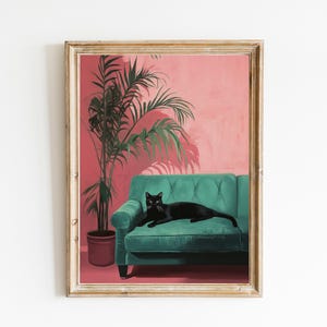 Kunstdruck schwarze Katze mit großer tropischer Palme | Niedliches schrulliges wunderliches | Cocktail Art Bar Warenkorb Dekor | Fine Art Print Geschenk | Trendige Wandkunst