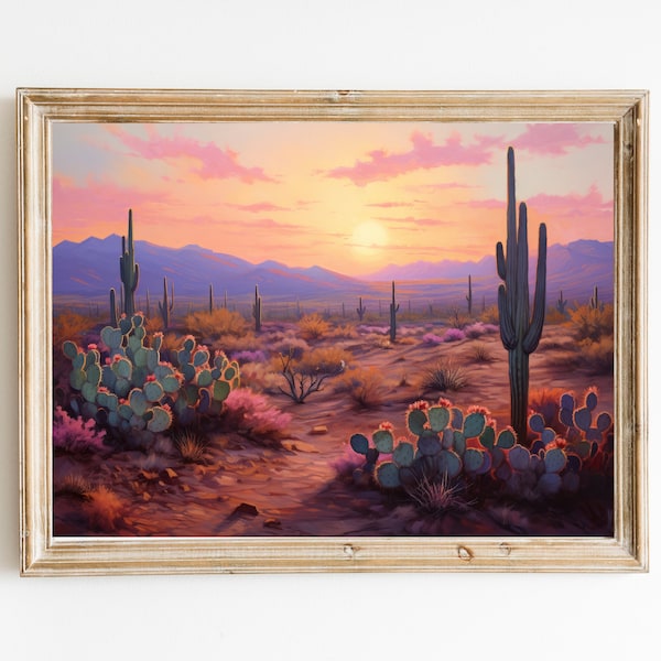 Pastel Southwestern Desert Sunset Downloadable Print | Pink Purple Cactus Wall Art | Nature Oil Painting Retro Aesthetic