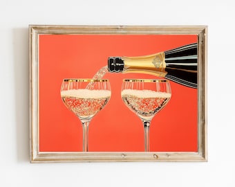 Gold Champagne Pour Fine Art Print | Cute Quirky Whimsical | Cocktail Art | Bar Cart Decor | Champagne Art | Trendy Home Wall Art Gift