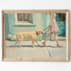 Golden Retriever City Walk Art Print | Golden Retriever Wall Art | Girly Pink Wall Art | Cute Quirky Whimsical | Golden Retriever Mom Gift