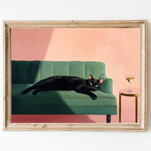 Schwarze Katze mit Martini Kunstdruck | Niedliches schrulliges wunderliches | Cocktail Art Bar Warenkorb Dekor | Fine Art Print Geschenk | Moderne Kunst