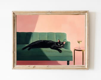Black Cat with Martini Art Print | Cute Quirky Whimsical | Cocktail Art Bar Cart Decor | Fine Art Print Gift | Trendy Home Wall Art