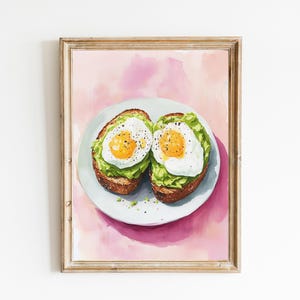 アボカドトースト ピンクの油絵アートプリント | キュートで風変わりな気まぐれ | トレンディなキッチンウォールアート | 明るいパステルピンクのガーリーなポスター | バーカート