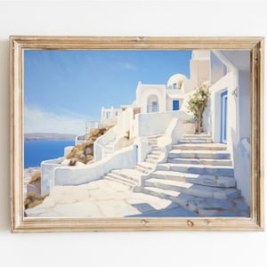 サントリーニ島 ギリシャ 海辺のアートプリントギフト | ソフトトーンの油絵ウォールアート | ファインアートプリントギフト | 伝統的な都市アート | ギリシャの旅行アート