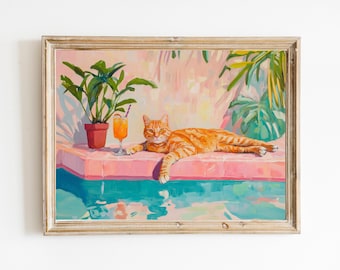 Ginger Cat Poolside mit Spritz Cocktail Kunstdruck | Niedliches schrulliges wunderliches | Cocktail Kunst | Kunstdruck Geschenk | Moderne Kunst