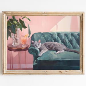 Russische blauwe kat met perzik cocktailkunstprint | Schattig eigenzinnig grillig | Cocktail Art Decor Barwagen | Cadeau grijze kat | Trendy muurkunst voor in huis