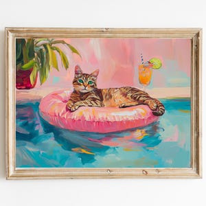 Tabby Cat Poolside with Jungle Bird Cocktail Art Print | Cute Quirky Whimsical | Bar Cart Decor | Fine Art Print Gift | Trendy Home Wall Art