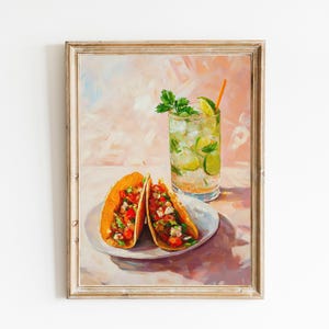 Fisch-Tacos und Mojito Kunstdruck | Niedliches schrulliges wunderliches | Cocktail Art Bar Warenkorb Dekor | Trendige Wandkunst | Lustiges Essen Kunst