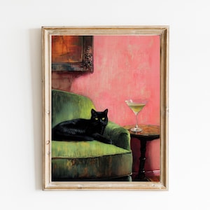 Schwarze Katze mit Chartreuse Martini Kunst auf Grünem Sofa Druck | Niedliches schrulliges wunderliches | Cocktail Art Bar Warenkorb Dekor | Fine Art Print Geschenk